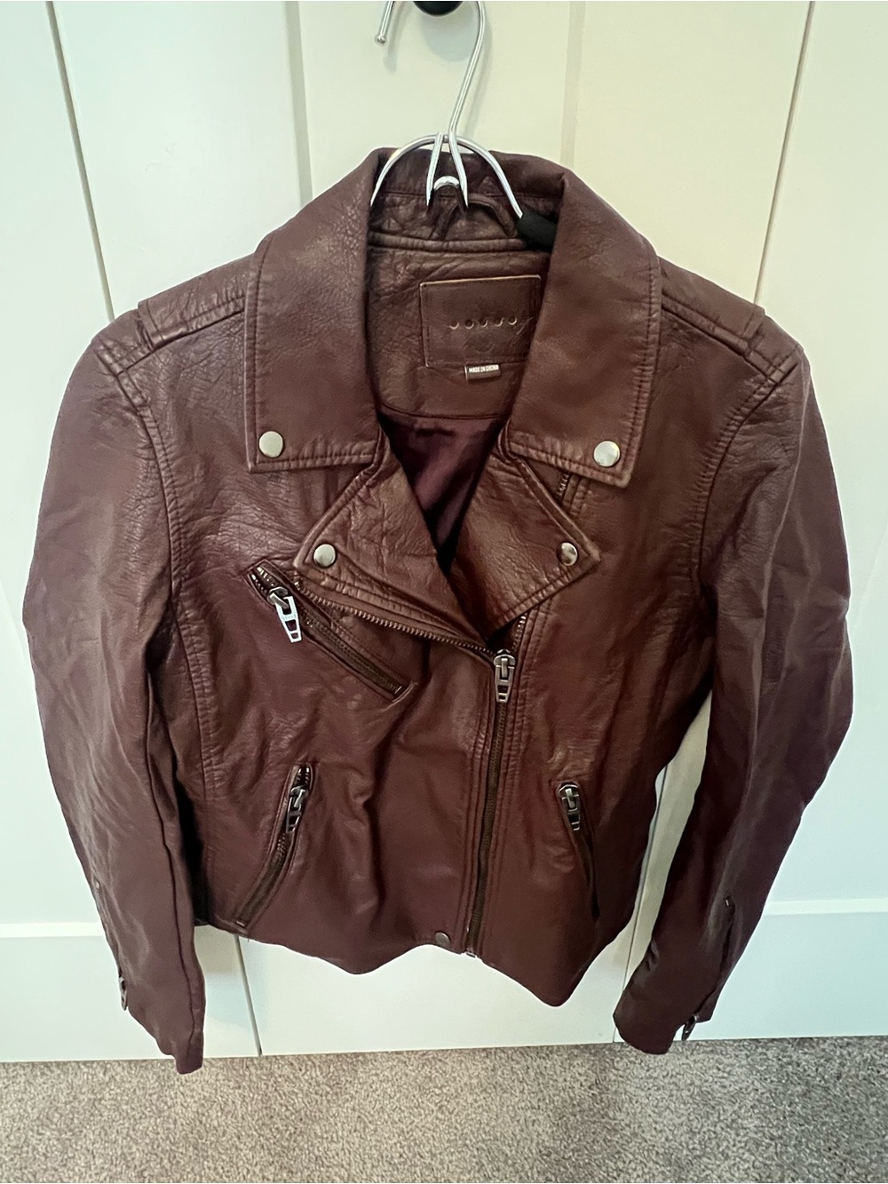 Blank NYC Wine Faux Leather Moto Jacket with Silver Hardware